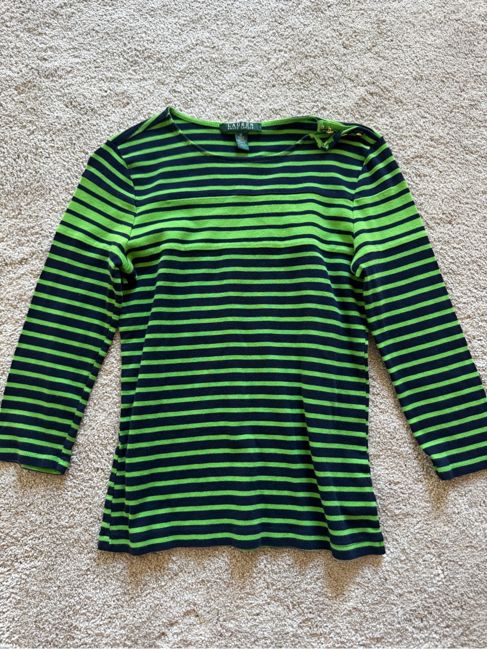Ralph Lauren Navy and Bright Green Striped Long-Sleeve Top